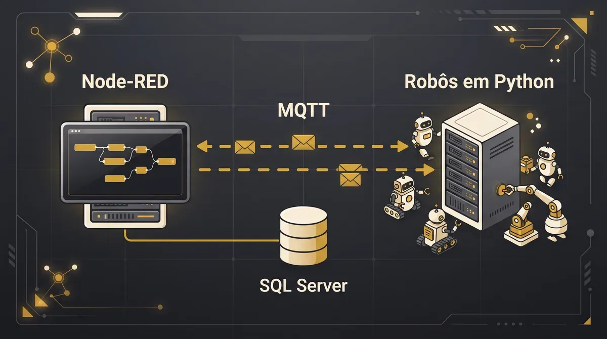 Arquitetura de um orquestrador de RPA: Node-RED num servidor, ligado ao banco SQL Server e, por MQTT, ao servidor dos robôs em Python