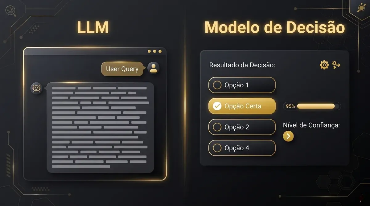 Comparação entre um LLM, que responde com um texto longo, e um modelo de decisão, que escolhe uma entre quatro opções e mostra a confiança