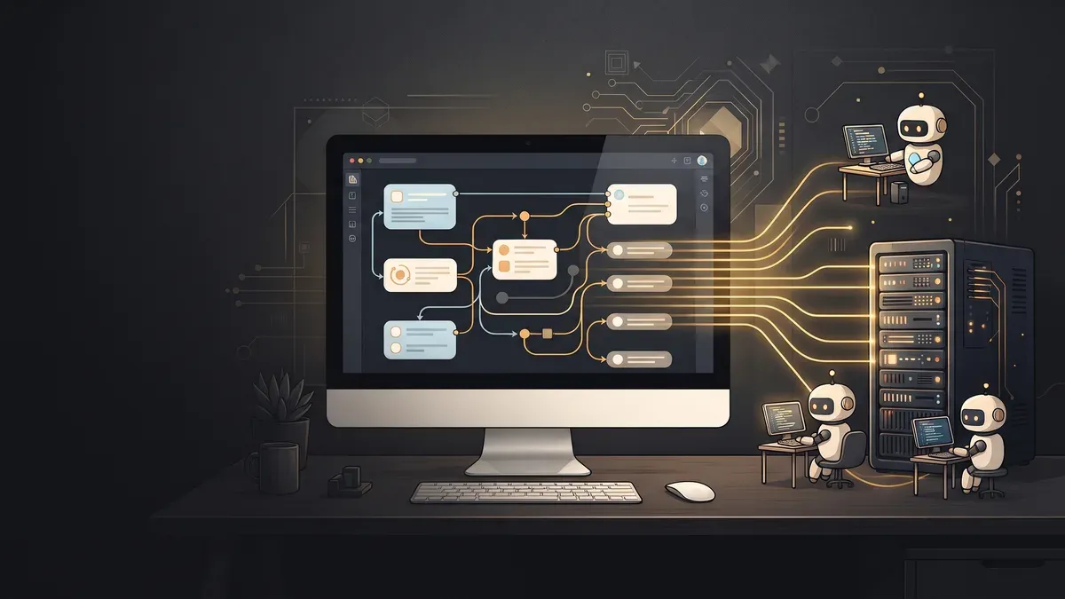 Painel de fluxos do Node-RED conectado a um servidor e a robôs de automação