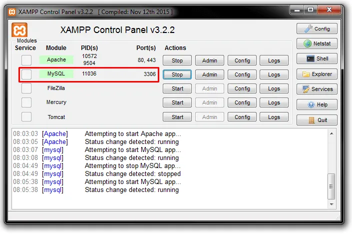 Painel de controle do XAMPP