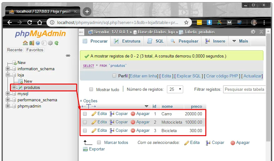 Inserindo produtos pelo phpMyAdmin