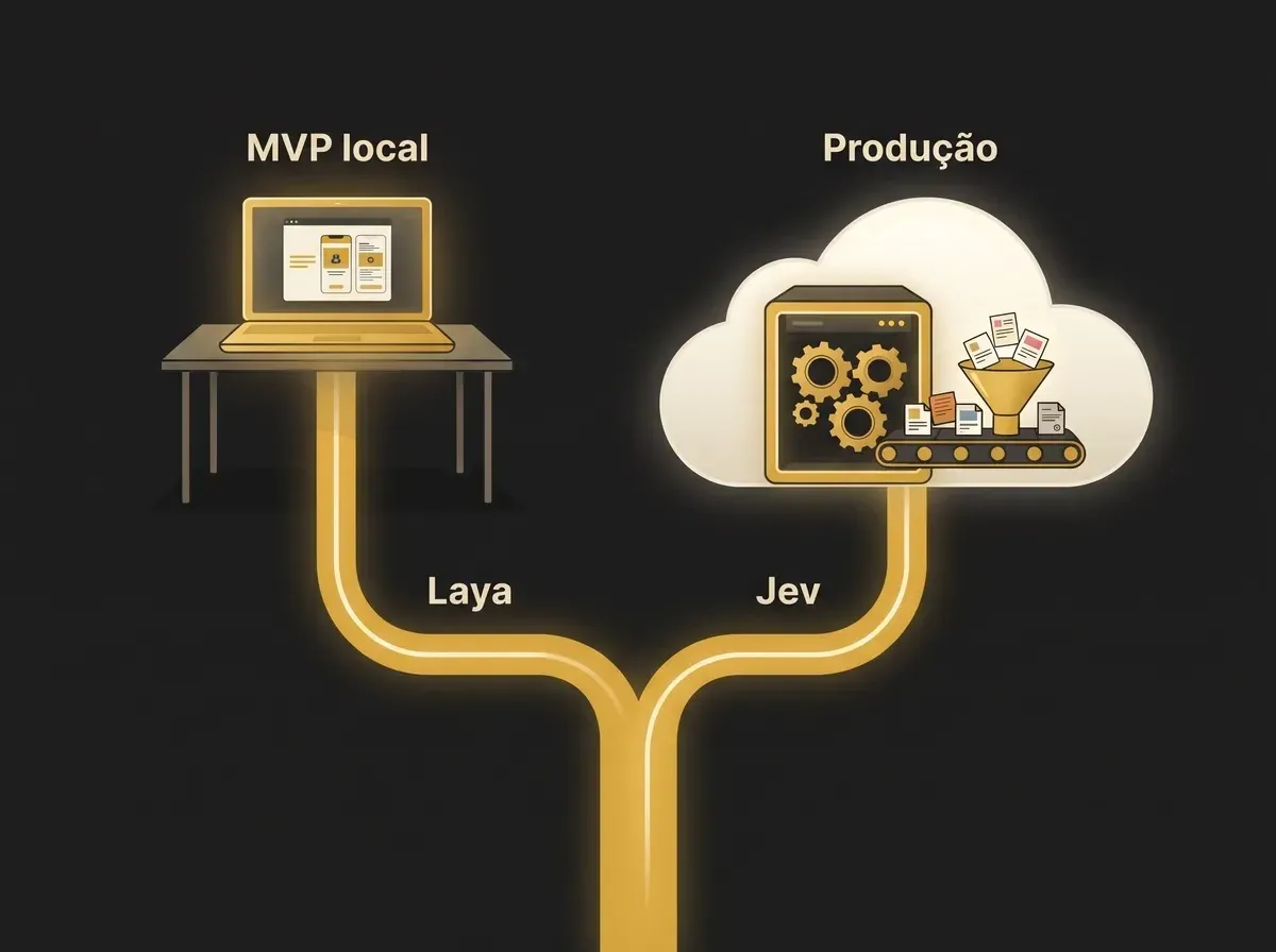 Um caminho que se divide: de um lado, um notebook com um MVP local usando o Laya; do outro, um servidor na nuvem com automação em produção usando o Jev