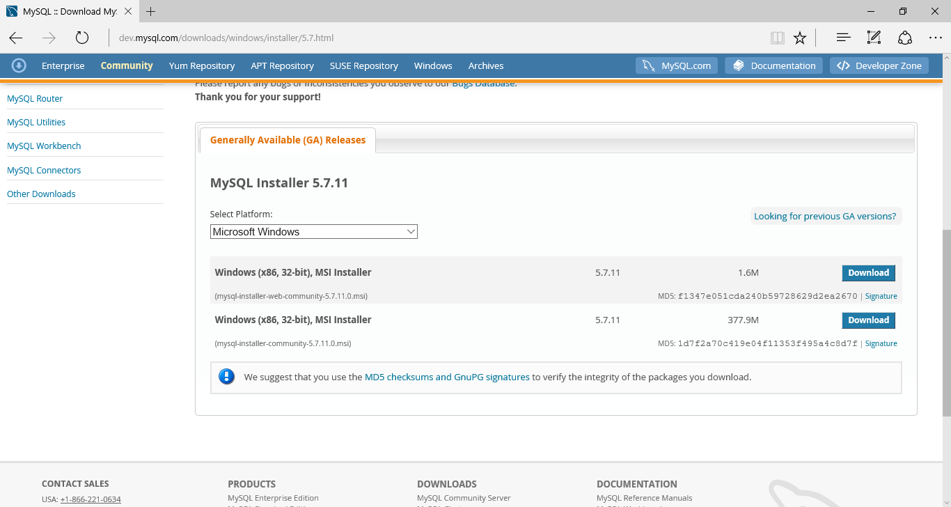 Acessando a pagina de download do mysql