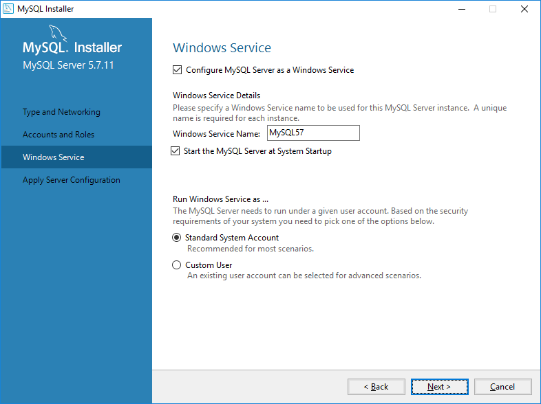 Configurando o serviço do windows no mysql