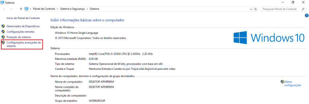 Configurações avançadas no painel de controle do windows