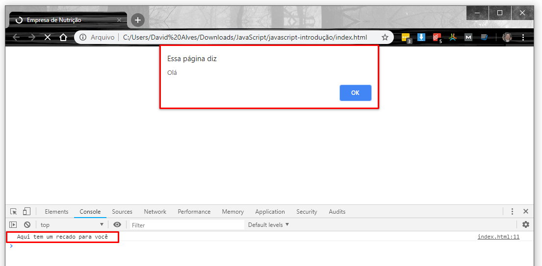 Utilizando as funções alert e console.log